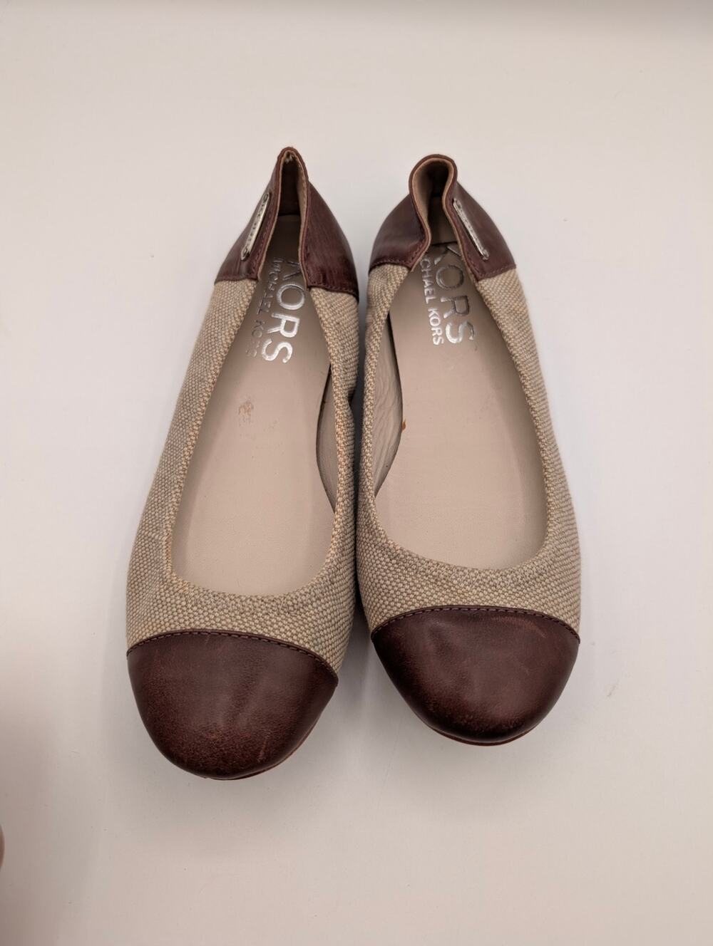 MK Beige Fabric Brown Leather Cap-Toe Classic Ballet Flats Size 7.5